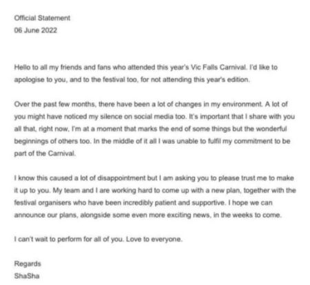 Sha Sha explains reason for no-show at Victoria Falls Carnival
